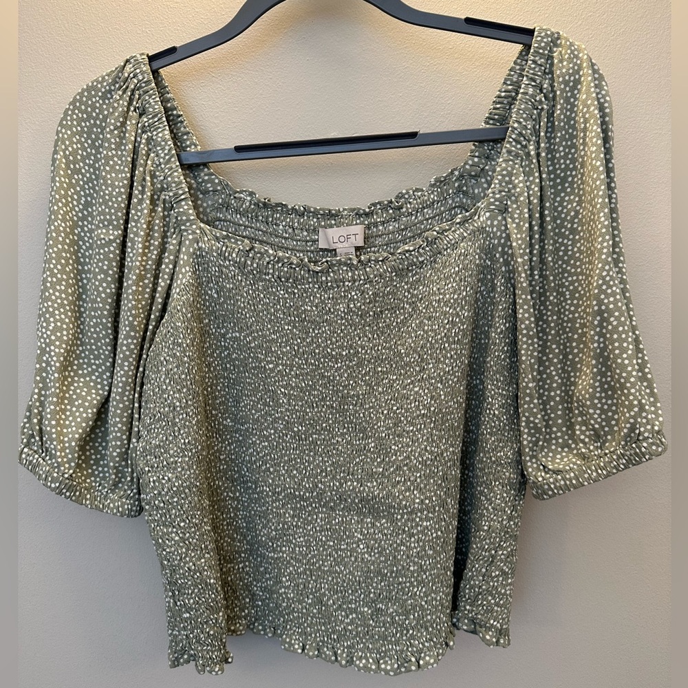 LOFT Dotted Smocked Blouse Sage Green, Size S